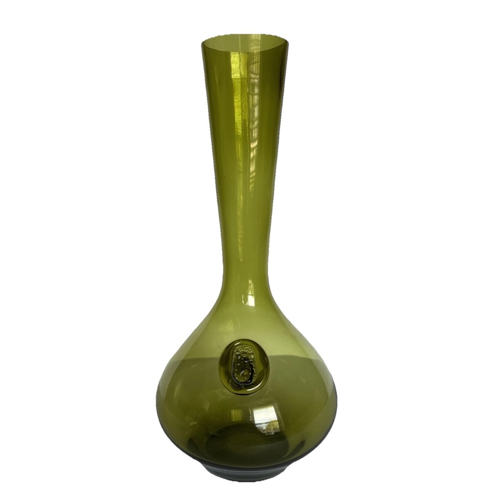 VTG ERCO Italian Art Glass Vase Olive Green MCM Bulbous Long Neck Applied Seal